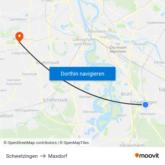 Schwetzingen to Maxdorf map