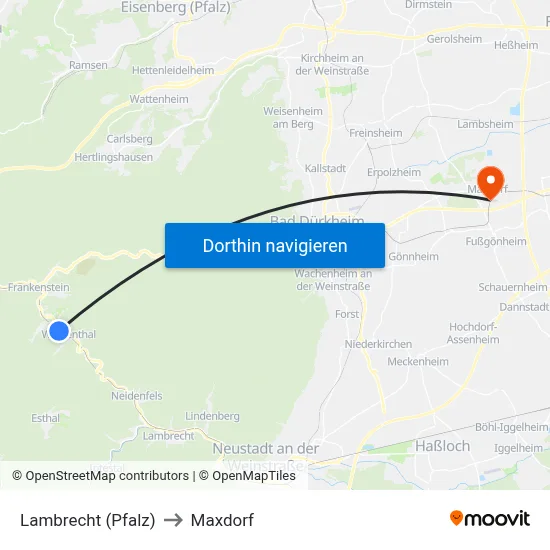 Lambrecht (Pfalz) to Maxdorf map