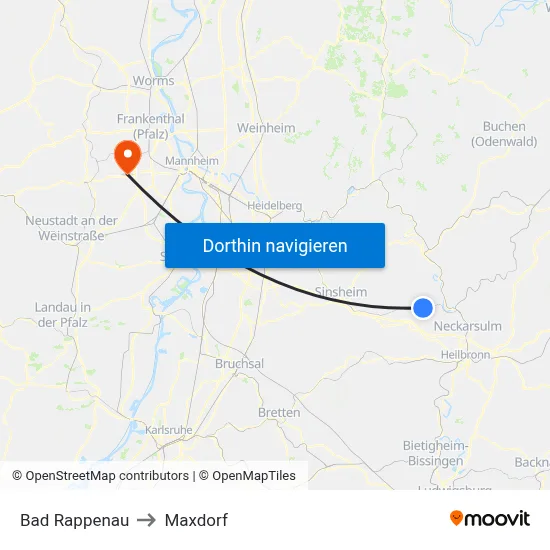 Bad Rappenau to Maxdorf map