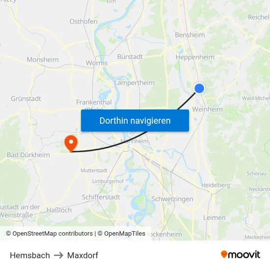 Hemsbach to Maxdorf map