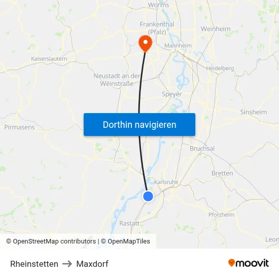 Rheinstetten to Maxdorf map