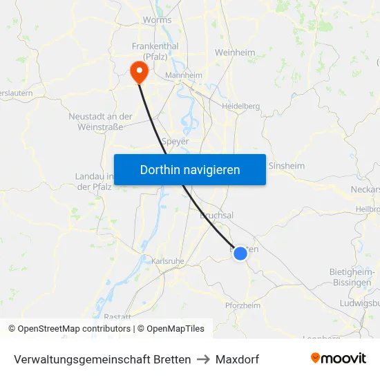 Verwaltungsgemeinschaft Bretten to Maxdorf map