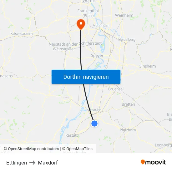 Ettlingen to Maxdorf map