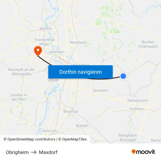 Obrigheim to Maxdorf map