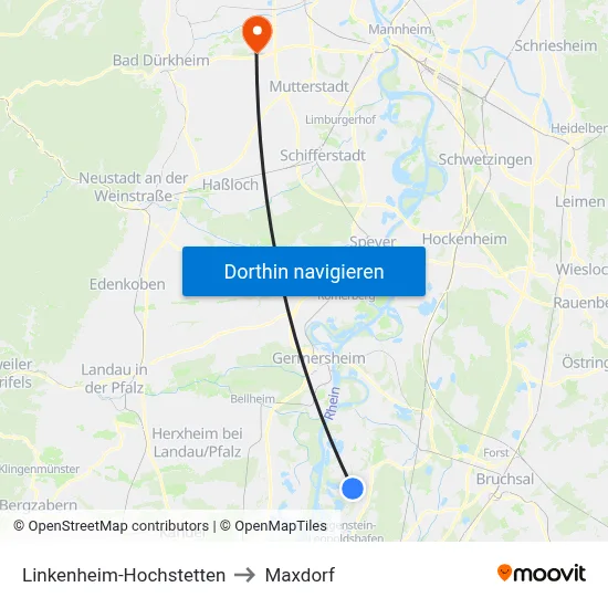 Linkenheim-Hochstetten to Maxdorf map