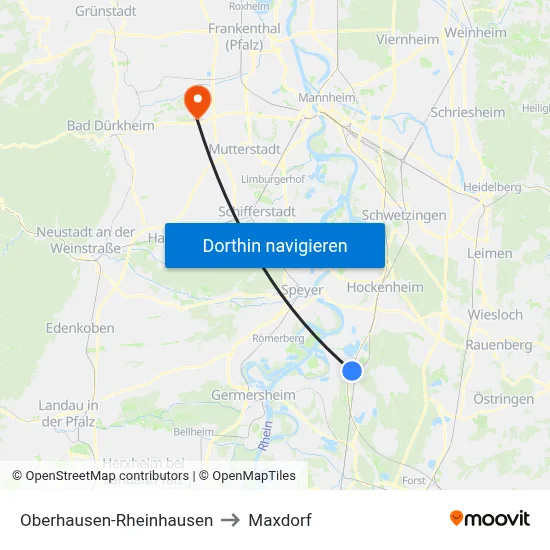 Oberhausen-Rheinhausen to Maxdorf map