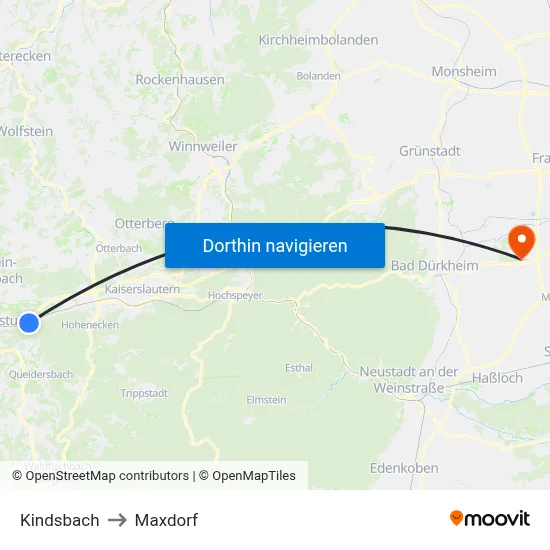 Kindsbach to Maxdorf map