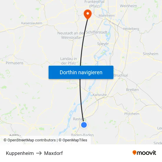 Kuppenheim to Maxdorf map