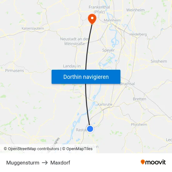 Muggensturm to Maxdorf map