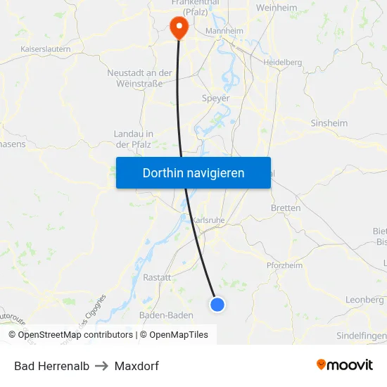Bad Herrenalb to Maxdorf map