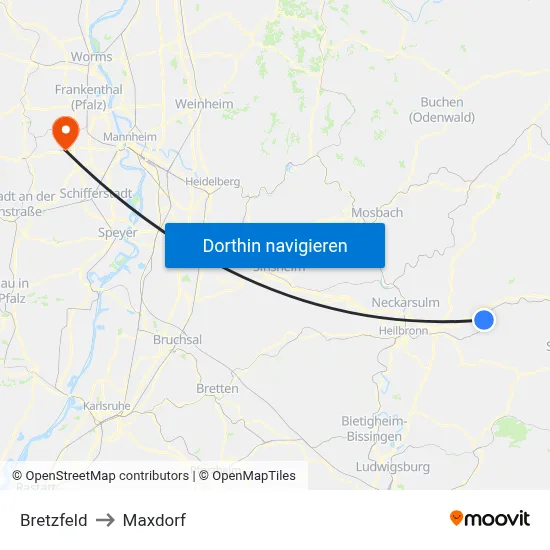 Bretzfeld to Maxdorf map