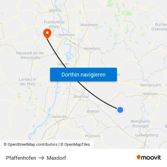 Pfaffenhofen to Maxdorf map