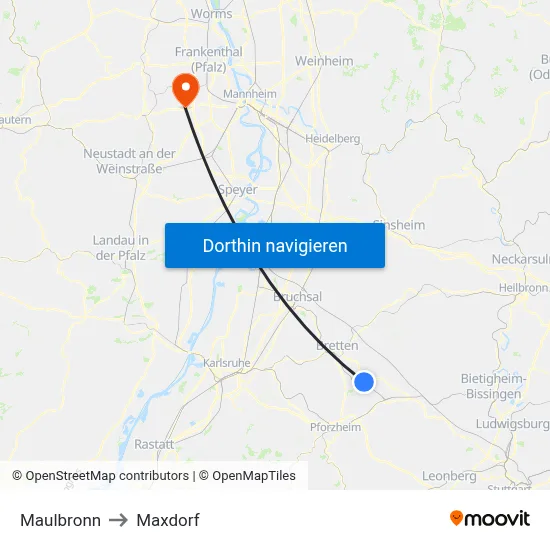 Maulbronn to Maxdorf map
