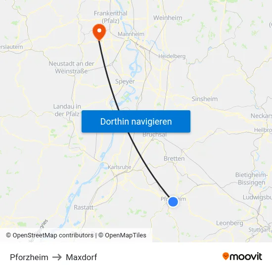 Pforzheim to Maxdorf map
