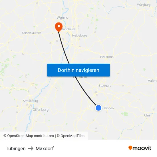 Tübingen to Maxdorf map