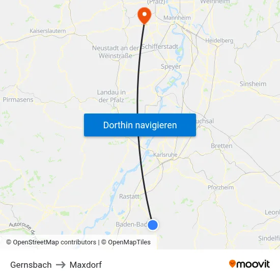 Gernsbach to Maxdorf map