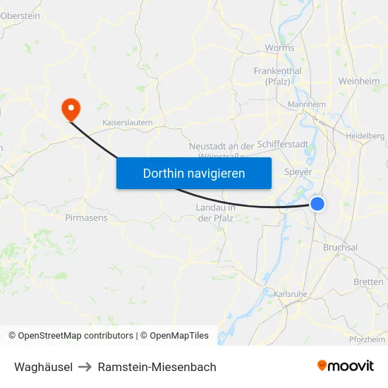 Waghäusel to Ramstein-Miesenbach map