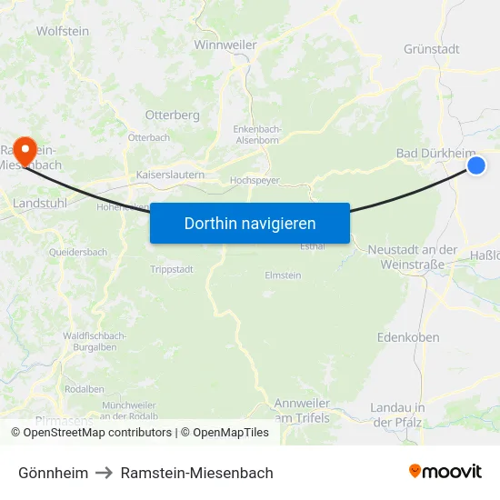 Gönnheim to Ramstein-Miesenbach map