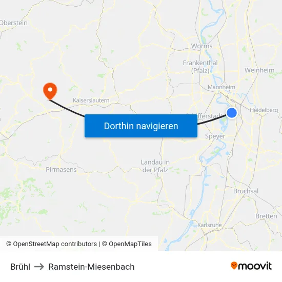 Brühl to Ramstein-Miesenbach map