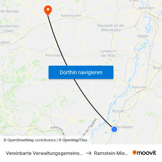 Vereinbarte Verwaltungsgemeinschaft Sinzheim to Ramstein-Miesenbach map