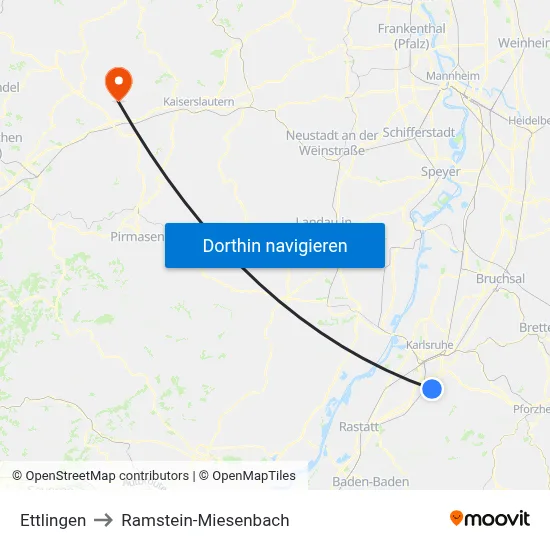 Ettlingen to Ramstein-Miesenbach map
