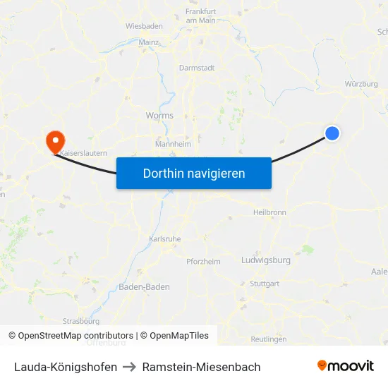 Lauda-Königshofen to Ramstein-Miesenbach map