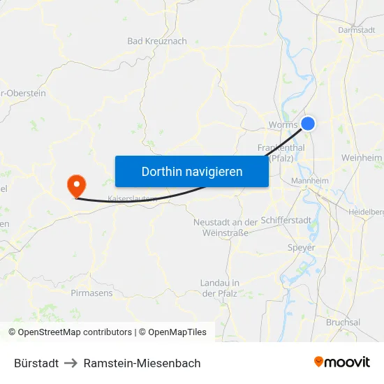 Bürstadt to Ramstein-Miesenbach map