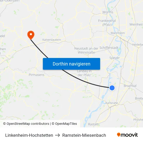 Linkenheim-Hochstetten to Ramstein-Miesenbach map