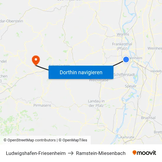 Ludwigshafen-Friesenheim to Ramstein-Miesenbach map