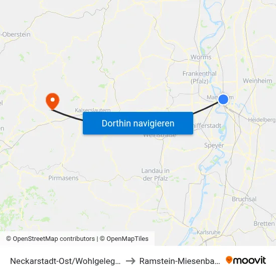 Neckarstadt-Ost/Wohlgelegen to Ramstein-Miesenbach map