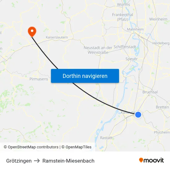 Grötzingen to Ramstein-Miesenbach map