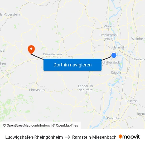 Ludwigshafen-Rheingönheim to Ramstein-Miesenbach map
