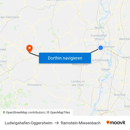 Ludwigshafen-Oggersheim to Ramstein-Miesenbach map