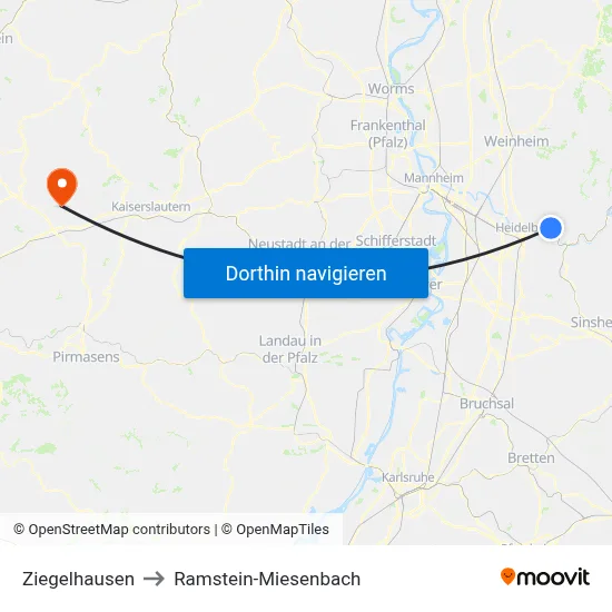 Ziegelhausen to Ramstein-Miesenbach map