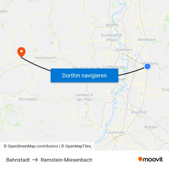 Bahnstadt to Ramstein-Miesenbach map