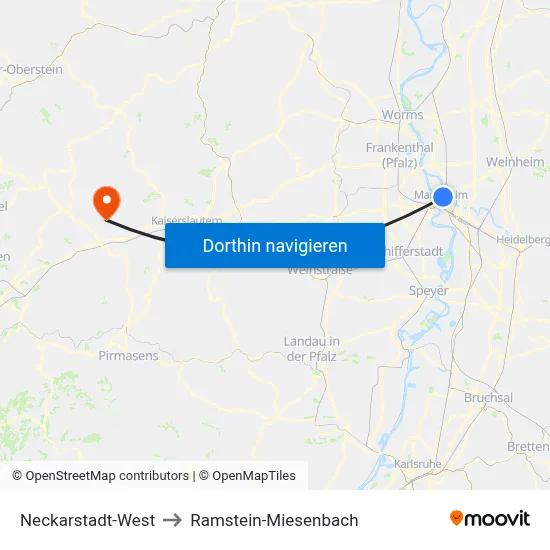 Neckarstadt-West to Ramstein-Miesenbach map