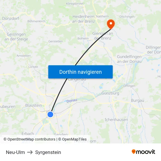 Neu-Ulm to Syrgenstein map