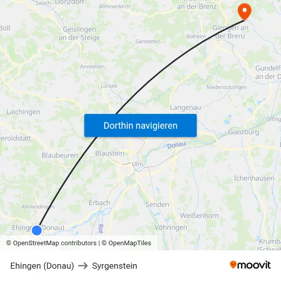 Ehingen (Donau) to Syrgenstein map