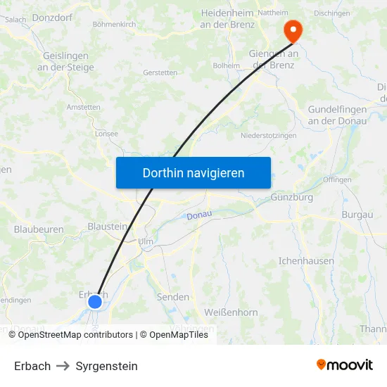 Erbach to Syrgenstein map