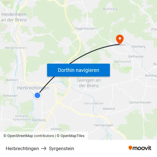 Herbrechtingen to Syrgenstein map