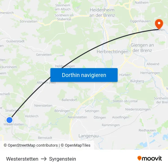 Westerstetten to Syrgenstein map