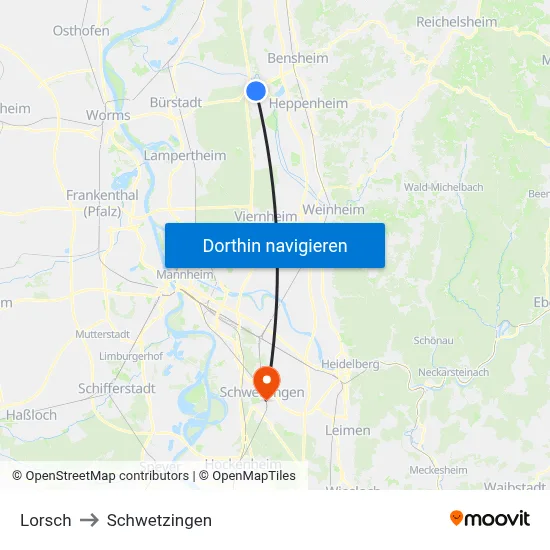 Lorsch to Schwetzingen map