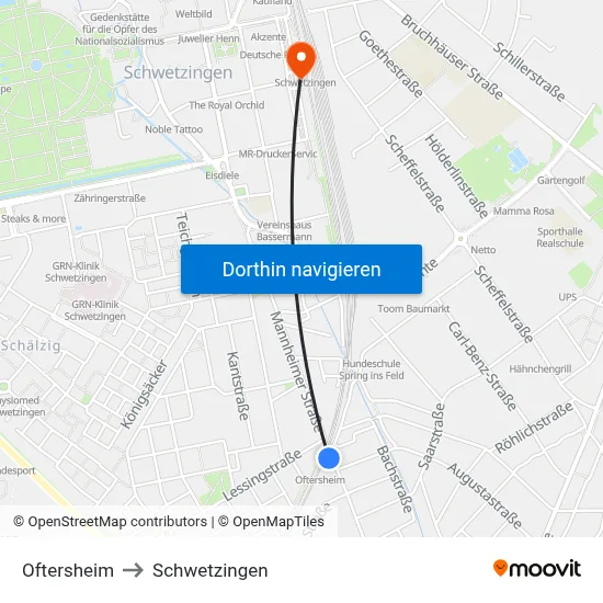 Oftersheim to Schwetzingen map