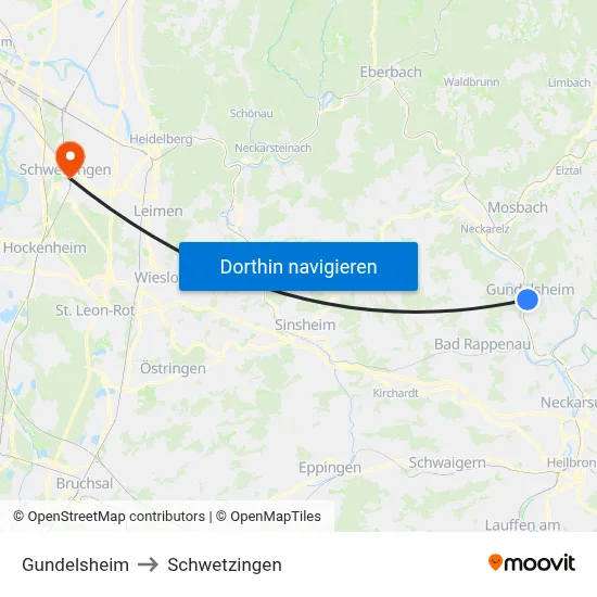 Gundelsheim to Schwetzingen map