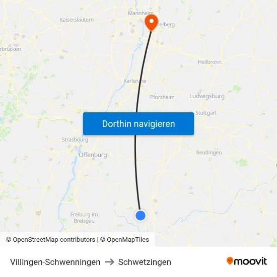 Villingen-Schwenningen to Schwetzingen map
