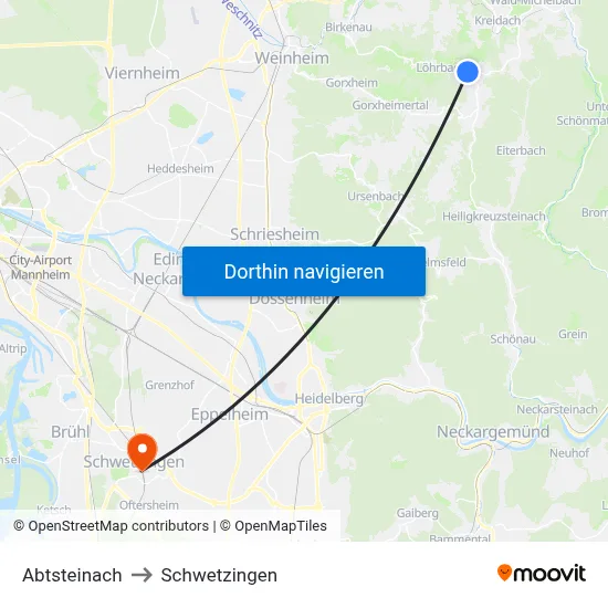 Abtsteinach to Schwetzingen map