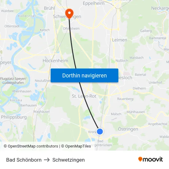 Bad Schönborn to Schwetzingen map
