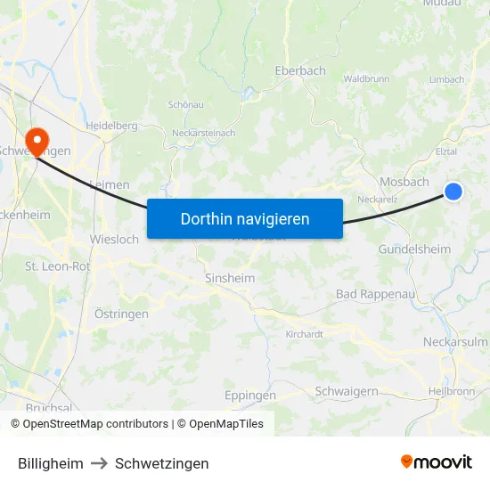 Billigheim to Schwetzingen map