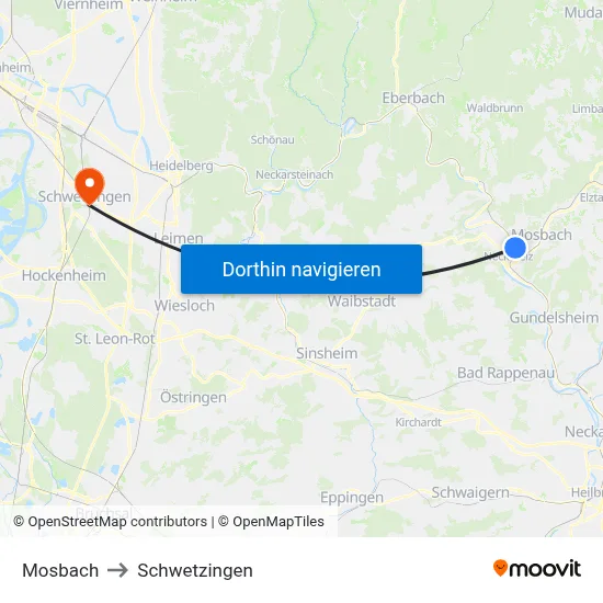 Mosbach to Schwetzingen map