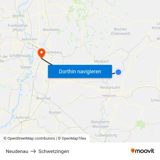 Neudenau to Schwetzingen map